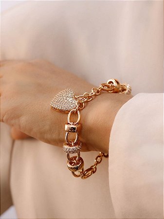 Pulseira Banhada Ouro 18k com Elos Formatos Diferentes e Coração Cravejado