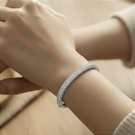 BRACELETE FOLHEADA RODIO BRANCO COM MICRO ZIRCÔNIAS CRAVEJADAS