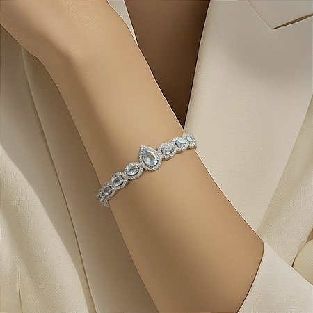 Bracelete Folheado Rodio Branco Gota Azul Com Zirconia