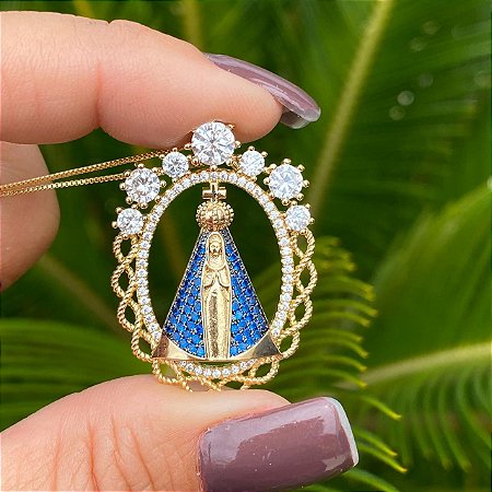 COLAR FOLHEADO OURO 18K NOSSA SENHORA APARECIDA MANTO AZUL COM CRISTAL