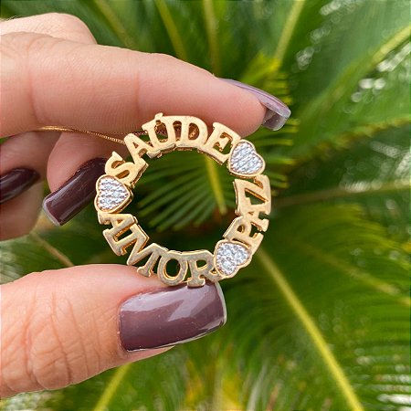 COLAR MANDALA FOLHEADA OURO 18K SAÚDE, PAZ E AMOR