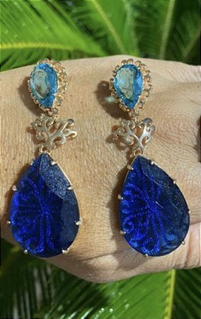 BRINCO FOLHEADO OURO 18K GOTA AZUL