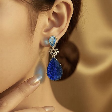 BRINCO FOLHEADO OURO 18K GOTA AZUL