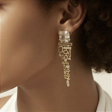 BRINCO FOLHEADO OURO 18K CRISTAL QUADRADO