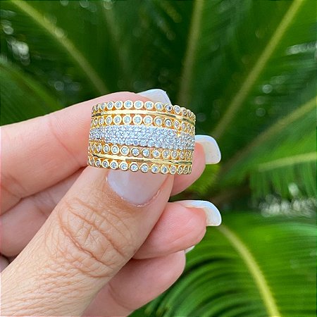 ANEL FOLHEADO OURO 18K BOLINHAS CRAVEJADAS COM ZIRCONIAS BRANCAS