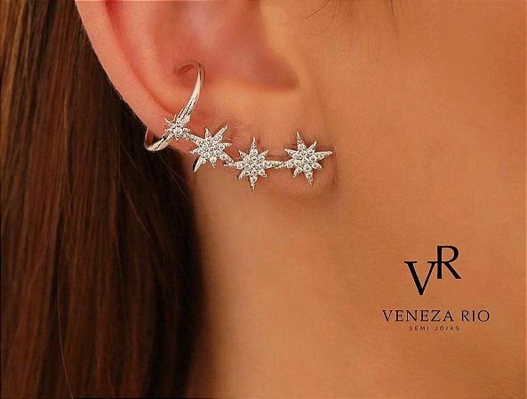 Brinco Folhedo Rodio Branco  Ear Cuff Estrela