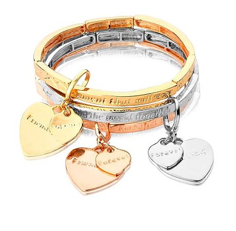 PULSEIRA TRIO OURO 18K ,FOLHEADO RÓDIO BRANCO E ROSE PINGENTE CORAÇÃO