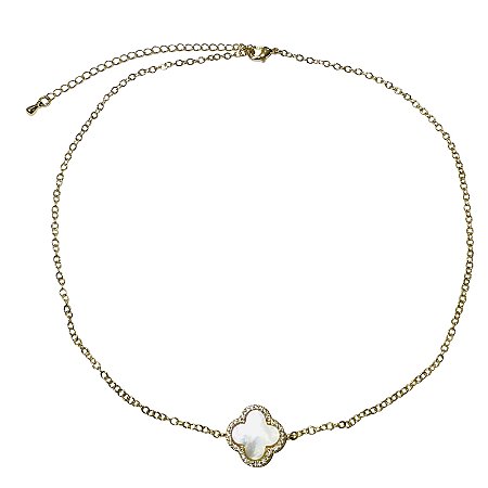 COLAR CHOKER FOLHEADO OURO 18K TREVO MADREPEROLA