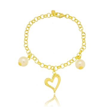 Pulseira Folheado Ouro 18K  Pérola Com Coração