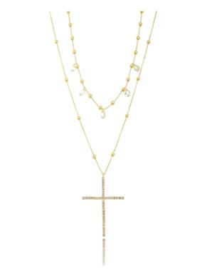 COLAR FOLHEADO OURO 18K DUPLO CRUZ E CRISTAL