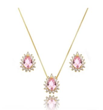 CONJUNTO FOLHEADO OURO 18K GOTA MICRO ZIRCÔNIA CRISTAL ROSA QUARTZO