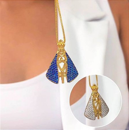 COLAR FOLHEADO OURO 18K NOSSA SENHORA APARECIDA DOIS LADOS CRAVEJADOS