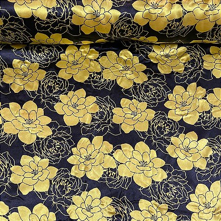 Cetim Estampado Fundo Preto Flores Amarelas