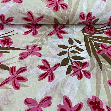 Linho Com Viscose Estampado Fundo Bege Com Flores Rosas e Folhagens Verdes