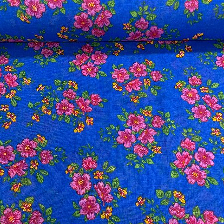Chita Mini Floral Fundo Azul Flores Rosa