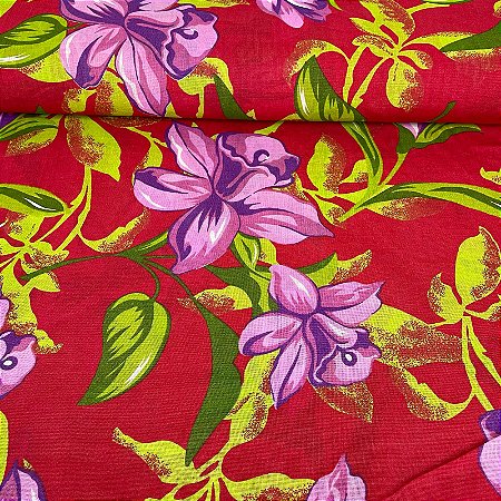 Chita Maxi Floral Fundo Vermelho Flores Rosa