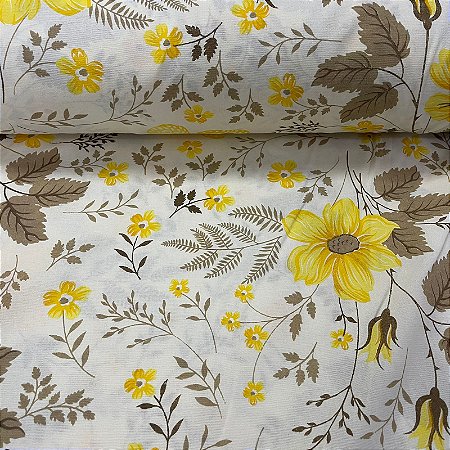 Percal Estampado 180 Fios Fundo Creme Floral Bege e Amarelo