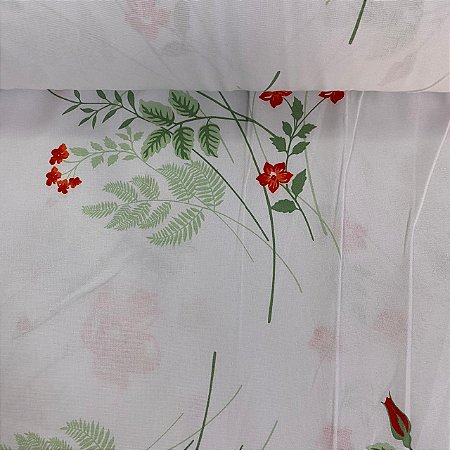 Percal Estampado 180 Fios Fundo Branco com Raminhos e Florzinhas Vermelhas