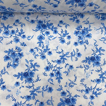 Tricoline Estampada Floral Azul Fundo Branco