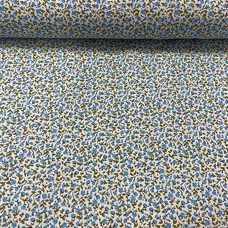 Tricoline Estampada Fundo Clarinho Com Florzinhas Azuis e Raminhos Verde