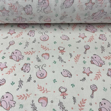 Fralda Dupla Estampada Passárinho e Corações Rosa - Unidade 0,80cm x 0,80cm