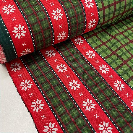 Oxford Estampado de Natal Barrado Vermelho Com Flores e Xadrez Verde