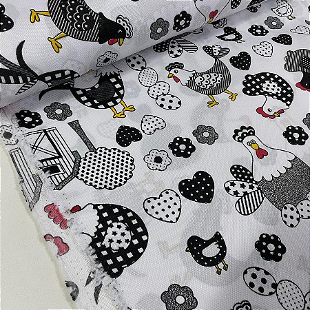 Oxford Estampado Nacional Barrado de Galinhas com Corações e Florzinhas