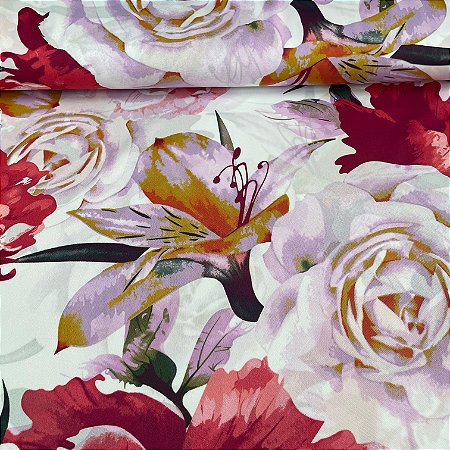 Oxford Estampado Floral Colorido em Vermelho, Amarelo e Lilás
