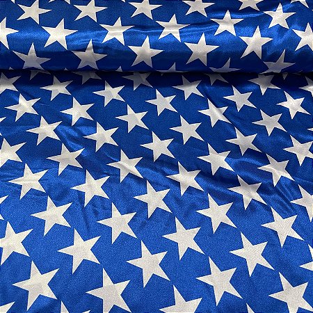 Cetim Estampado Fundo Azul Com Estrelas Brancas