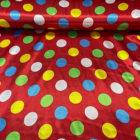 Cetim Estampado Fundo Vermelho Poá Colorido