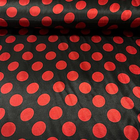 Cetim Estampado Fundo Preto Poá Vermelho