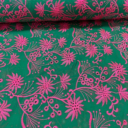 Laise Bicolor Bordada Bandeira Folhagens Rosa