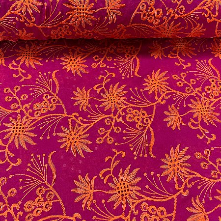 Laise Bicolor Bordada Pink Folhagens Laranja