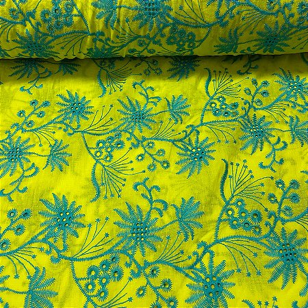 Laise Bicolor Bordada Amarelo com Folhagem Verde