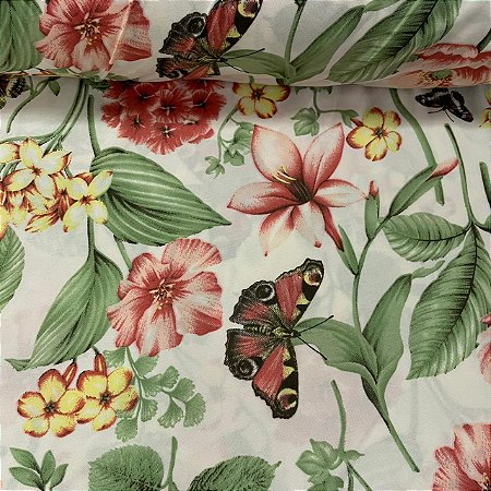 Percal De Microfibra Estampado Fundo Clarinho com Floral e Borboletas