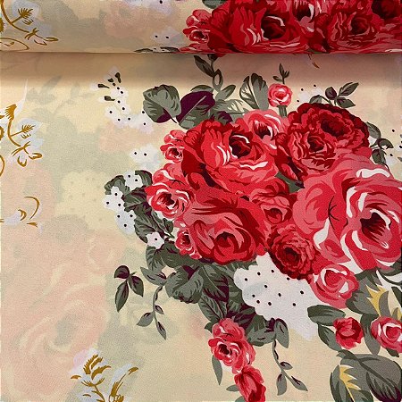 Percal De Microfibra Estampado Fundo Amarelo Clarinho com Floral Vermelho