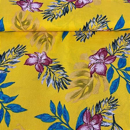 Viscolinho Estampado Fundo Amarelo Com Floral Colorido