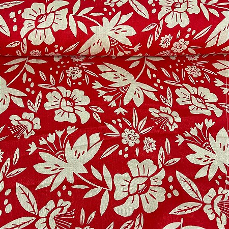 Viscolinho Estampado Fundo Vermelho Com Flores Bege