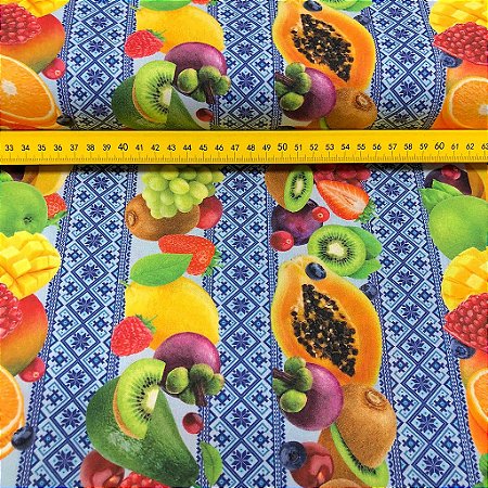 Tricoline Digital Estampada Barrado Com Frutas E Formas Azuis