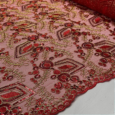 Tule Bordado Cord Spangle Étnico Vermelho e Dourado