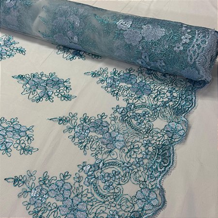 Tule Bordado Cord Metalic Azul Iemanjá