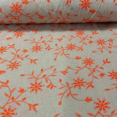 Linho com Viscose Bordado Crú Floral Laranja