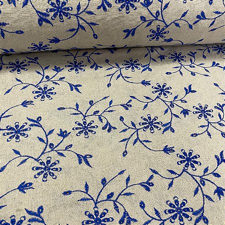 Linho com Viscose Bordado Crú Floral Royal
