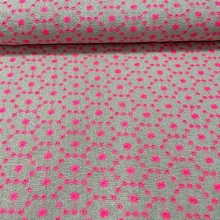 Linho com Viscose Bordado Crú Geométrico Rosa