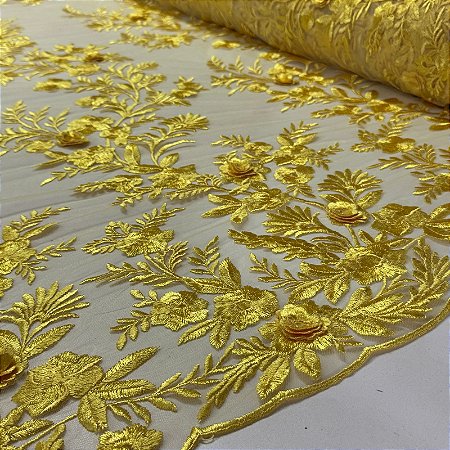 Tule Bordado 3D London Amarelo