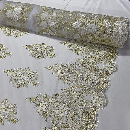 Tule Bordado Cord Metalic Dourado com Branco