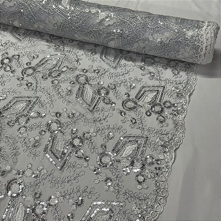 Tule Bordado Cord Spangle Étnico Branco