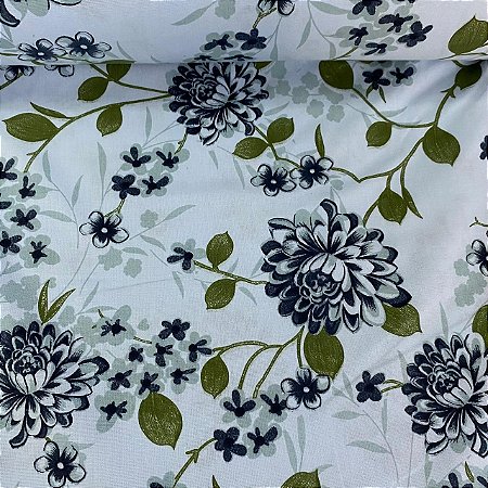 Percal Estampado 180 Fios Fundo Branco com Raminhos Verdes e Floral Grande
