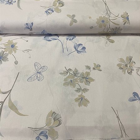 Percal Estampado 180 Fios Florzinhas Com Borboletas Azuis