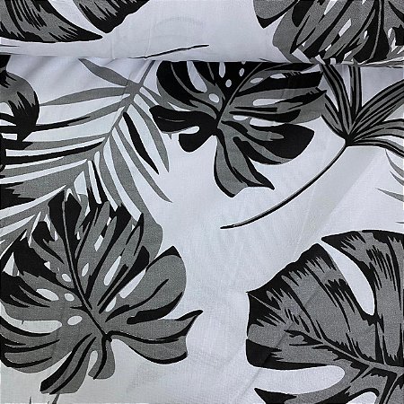 Percal Estampado 180 Fios Fundo Branco com Folhas Cinzas